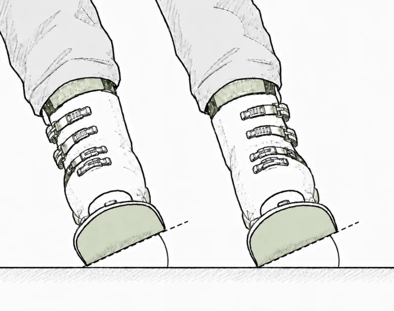 Ski boots tipped on edge with the edge angle marked