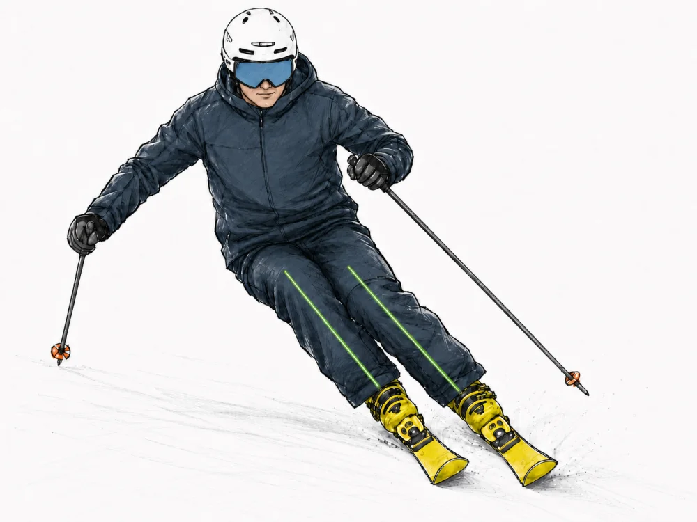 Skier with both lower legs tipping into the turn together