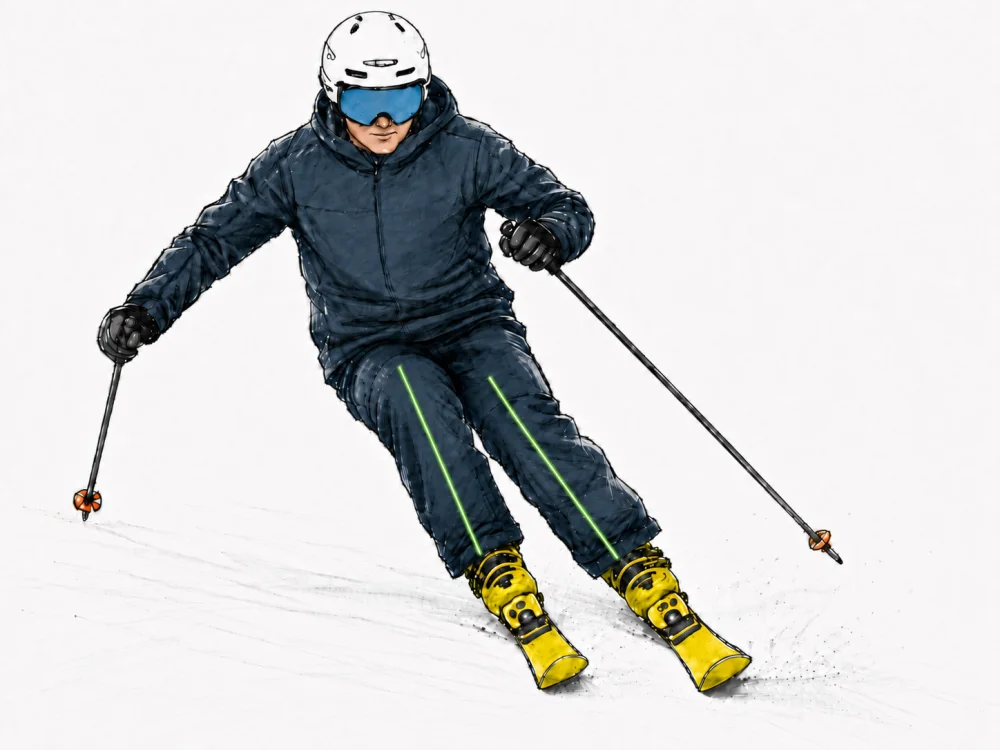 Skier with the inside ski flatter and joining the turn late