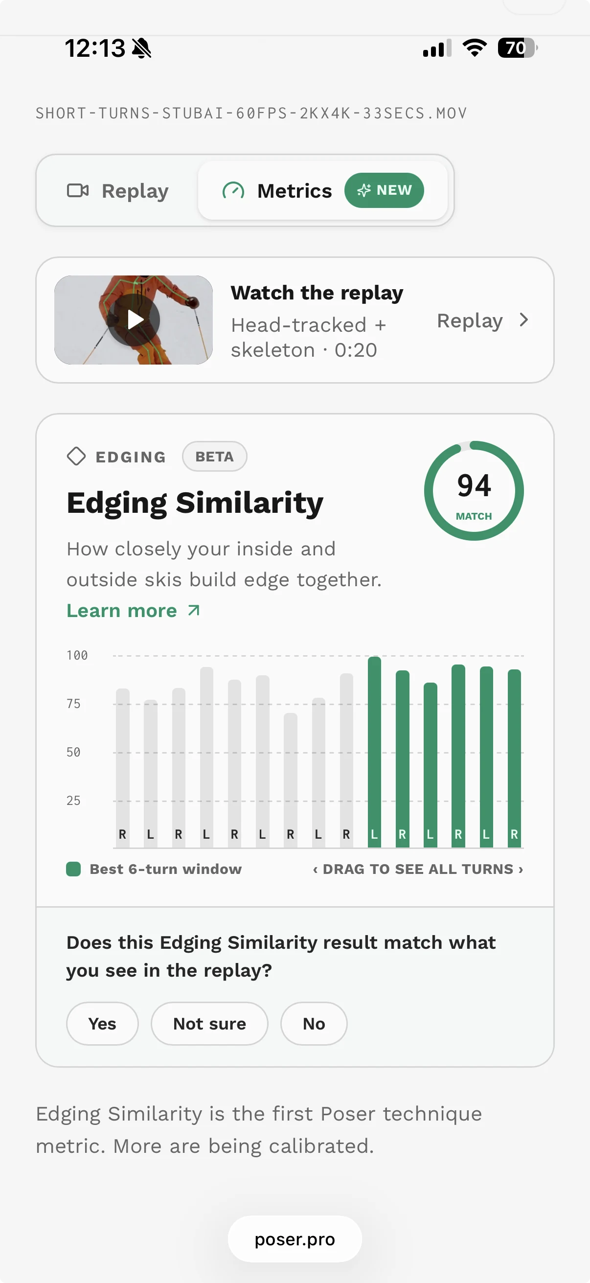 Mobile Poser result screen showing the new Edging Similarity metric card with a 94 match score and turn-by-turn chart.