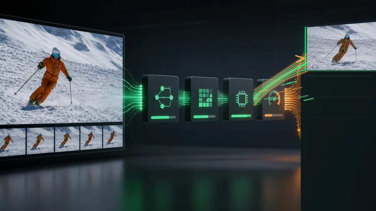 Ski replay clip flowing through accelerated processing chips into a single finished replay output.