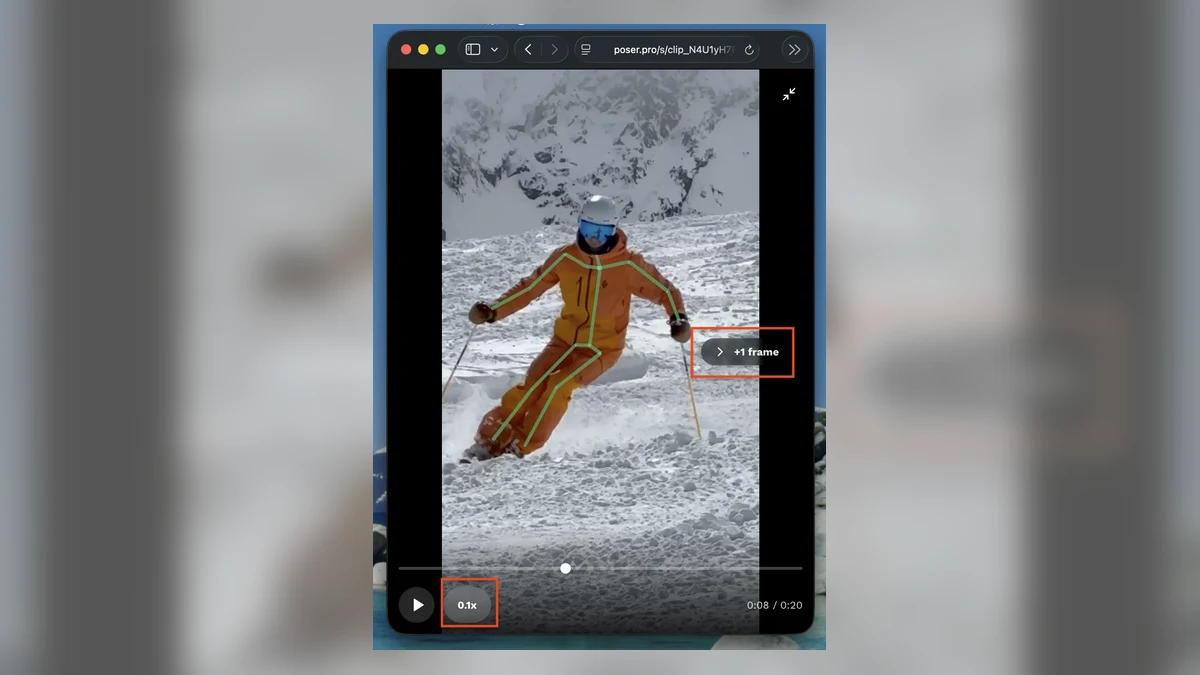 Full shared ski replay browser view with frame stepping and slow-motion controls visible.