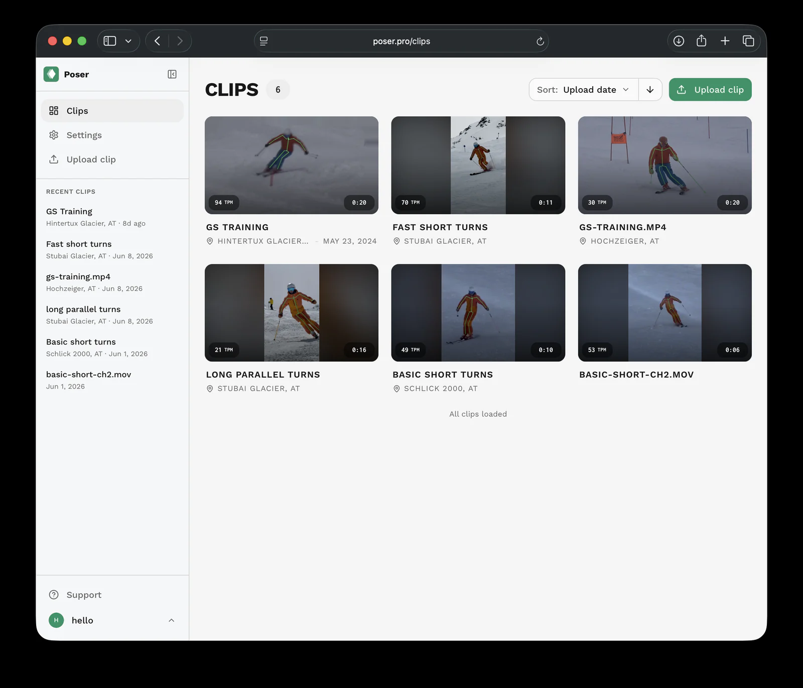 Revamped Poser clips list showing video-first clip cards, sorting, total clip count, and recent clips navigation.