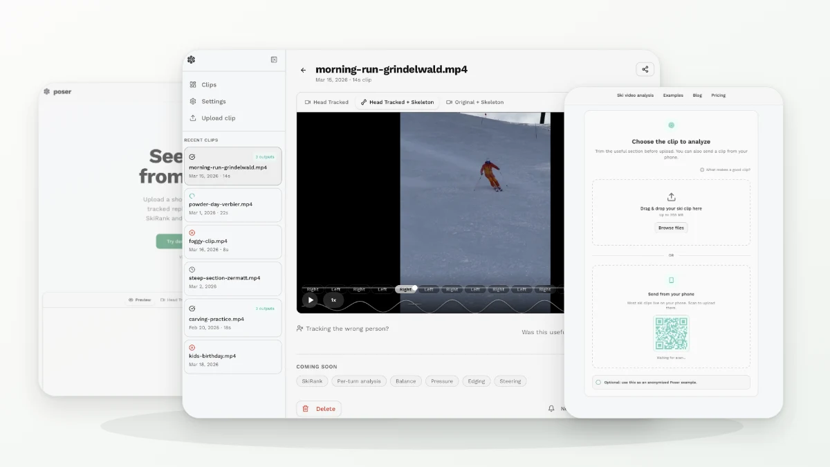 Layered Poser product screenshots showing the landing page, replay detail page, and upload flow.