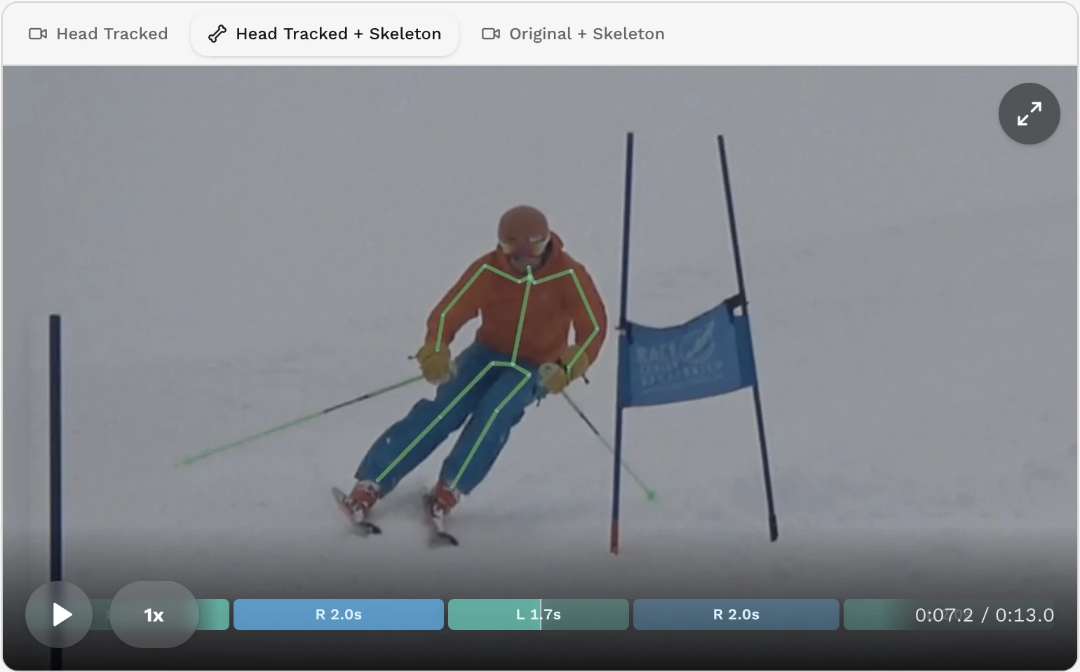 Poser replay player showing detected left and right turn segments as timeline chips.
